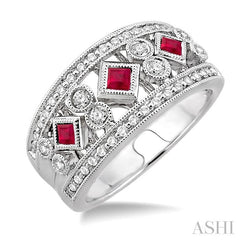 2.2 MM & 2.4 MM Princess Cut Ruby and 3/8 Ctw Round Cut Diamond Precious Fashion Band in 14K White Gold