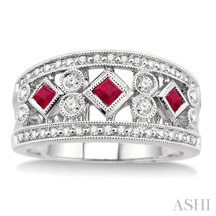 2.2 MM & 2.4 MM Princess Cut Ruby and 3/8 Ctw Round Cut Diamond Precious Fashion Band in 14K White Gold