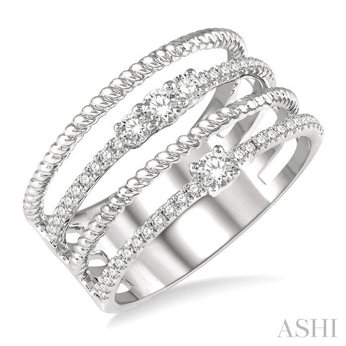 3/8 Ctw Rope and Round Diamond Multi Row Layered Fashion Ring in 14K White Gold