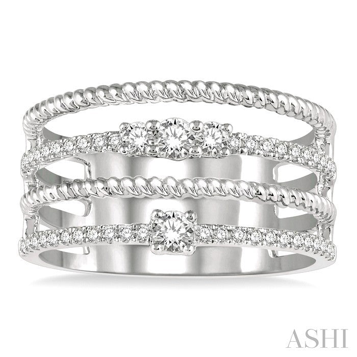 3/8 Ctw Rope and Round Diamond Multi Row Layered Fashion Ring in 14K White Gold
