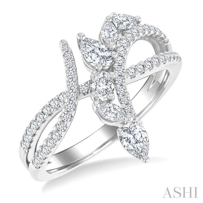 7/8 Ctw Split Bypass Shank Mixed Diamond Cut Fashion Ring in 14K White Gold