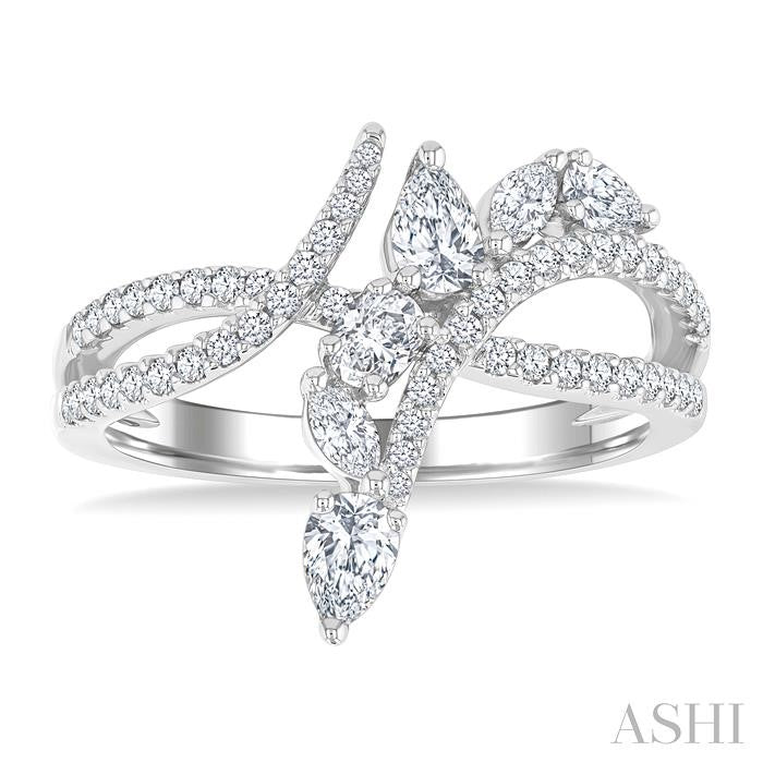 7/8 Ctw Split Bypass Shank Mixed Diamond Cut Fashion Ring in 14K White Gold