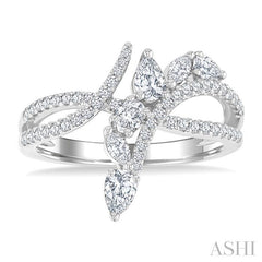 7/8 Ctw Split Bypass Shank Mixed Diamond Cut Fashion Ring in 14K White Gold