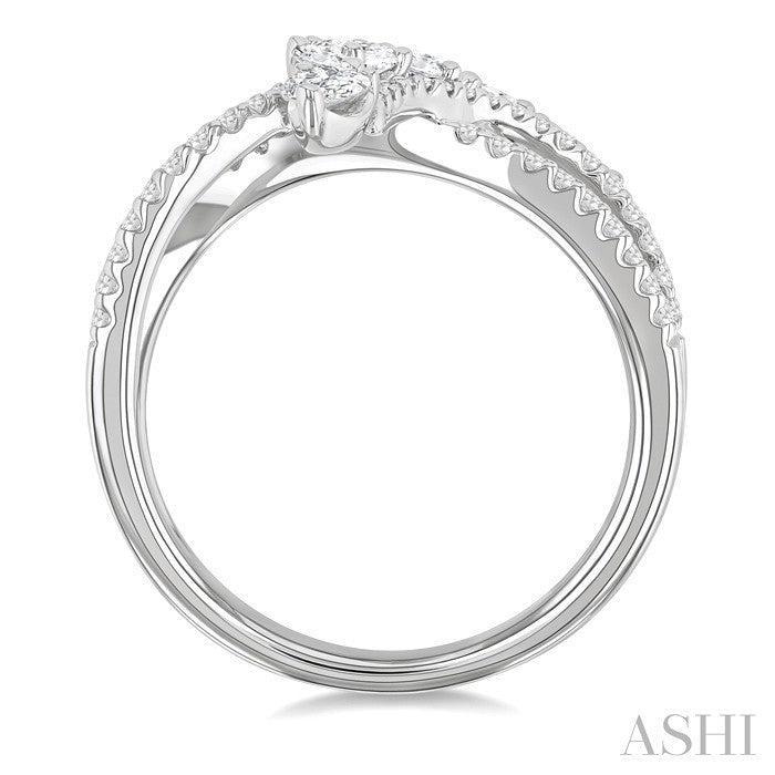 7/8 Ctw Split Bypass Shank Mixed Diamond Cut Fashion Ring in 14K White Gold