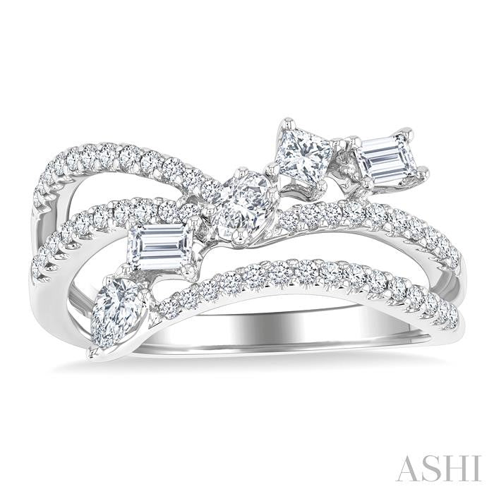 3/4 Ctw Split Shank Mixed Diamond Cut Fashion Ring in 14K White Gold