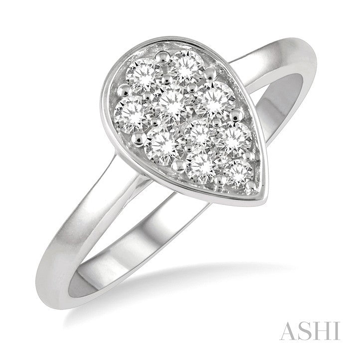 1/3 Ctw Pear Shape Center Mount Round Cut Diamond Cluster Ladies Ring in 14K White Gold