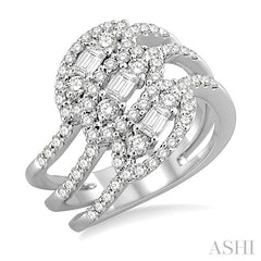 1 1/2 Ctw Round and Baguette Cut Diamond Fashion Ring in 14K White Gold