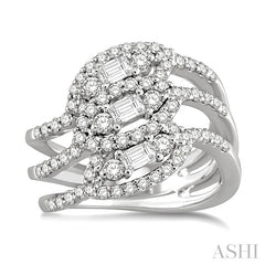 1 1/2 Ctw Round and Baguette Cut Diamond Fashion Ring in 14K White Gold