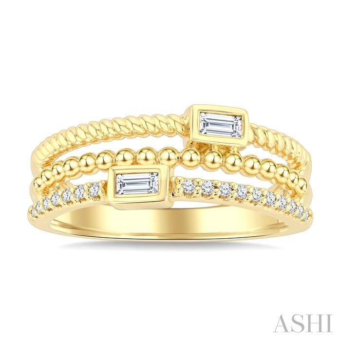 1/5 Ctw Triple Row Baguette and Round Cut Diamond Fashion Band in 10K Yellow Gold