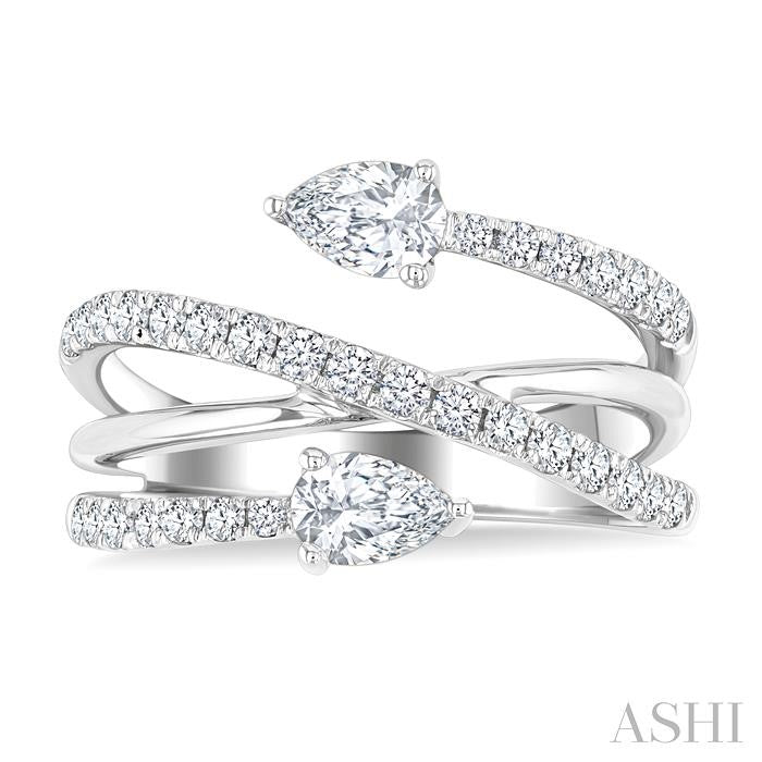 1 Ctw East West Pear and Round Cut Diamond Split Open-End Fashion Ring in 14K White Gold