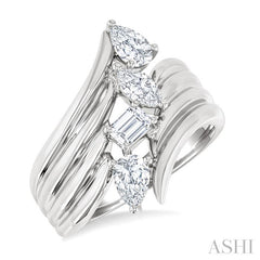 1 Ctw Open Bypass Ribbed Shank Mixed Diamond Cut Fashion Ring in 14K White Gold