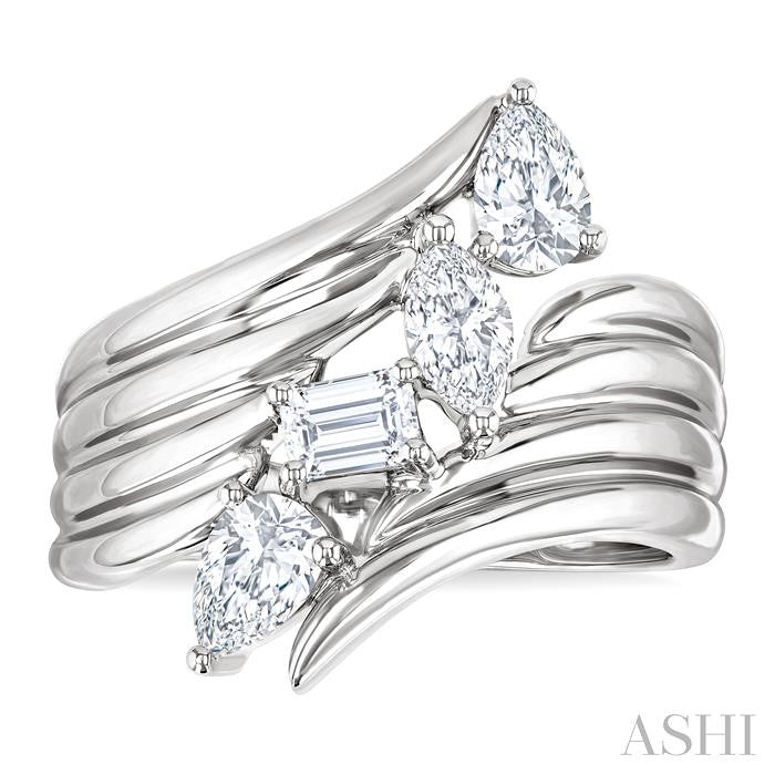 1 Ctw Open Bypass Ribbed Shank Mixed Diamond Cut Fashion Ring in 14K White Gold
