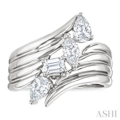 1 Ctw Open Bypass Ribbed Shank Mixed Diamond Cut Fashion Ring in 14K White Gold