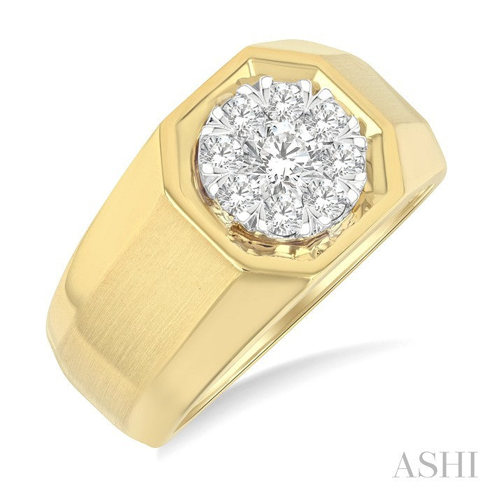 3/4 Ctw Lovebright Hexagonal Groove Round Cut Diamond Men's Ring in 14K Yellow and White Gold