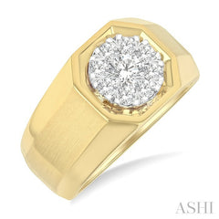 3/4 Ctw Lovebright Hexagonal Groove Round Cut Diamond Men's Ring in 14K Yellow and White Gold