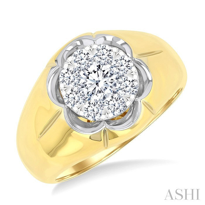 1 Ctw Floral Center Lovebright Round Cut Diamond Men's Ring in 14K Yellow and White Gold