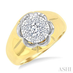 1 Ctw Floral Center Lovebright Round Cut Diamond Men's Ring in 14K Yellow and White Gold
