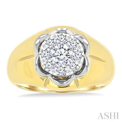 1 Ctw Floral Center Lovebright Round Cut Diamond Men's Ring in 14K Yellow and White Gold