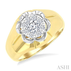 3/4 Ctw Floral Center Lovebright Round Cut Diamond Men's Ring in 14K Yellow and White Gold