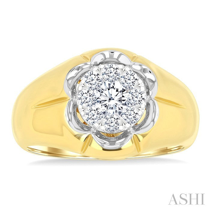 3/4 Ctw Floral Center Lovebright Round Cut Diamond Men's Ring in 14K Yellow and White Gold