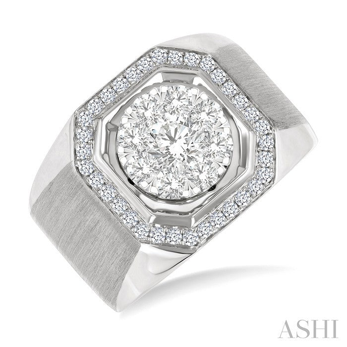 1 3/8 Ctw Octagonal Shape Lovebright Round Cut Diamond Men's Ring in 14K White Gold