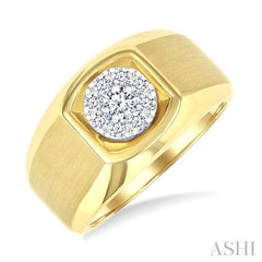 1/2 Ctw Basin Nestled Circular Mount Lovebright Round Cut Diamond Men's Ring in 14K Yellow and White Gold