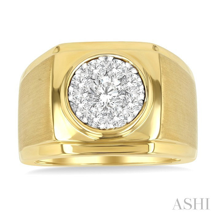 1 Ctw Cushion Shape Top Lovebright Round Cut Diamond Men's Ring in 10K Yellow and White Gold