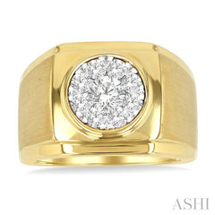 1 Ctw Cushion Shape Top Lovebright Round Cut Diamond Men's Ring in 10K Yellow and White Gold