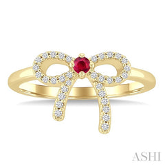2.40 MM Round Shape Ruby and 1/8 Ctw Round Cut Diamond Bow Petite Precious Fashion Ring in 10K Yellow Gold