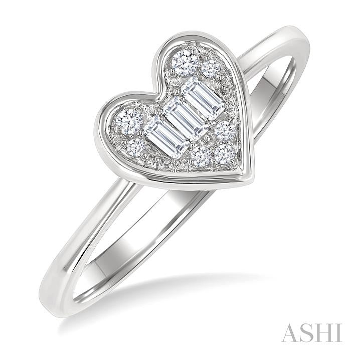 1/6 Ctw Petite Bezel Set Heart Shape Fusion Baguette and Round Cut Diamond Fashion Ring in 10K White Gold