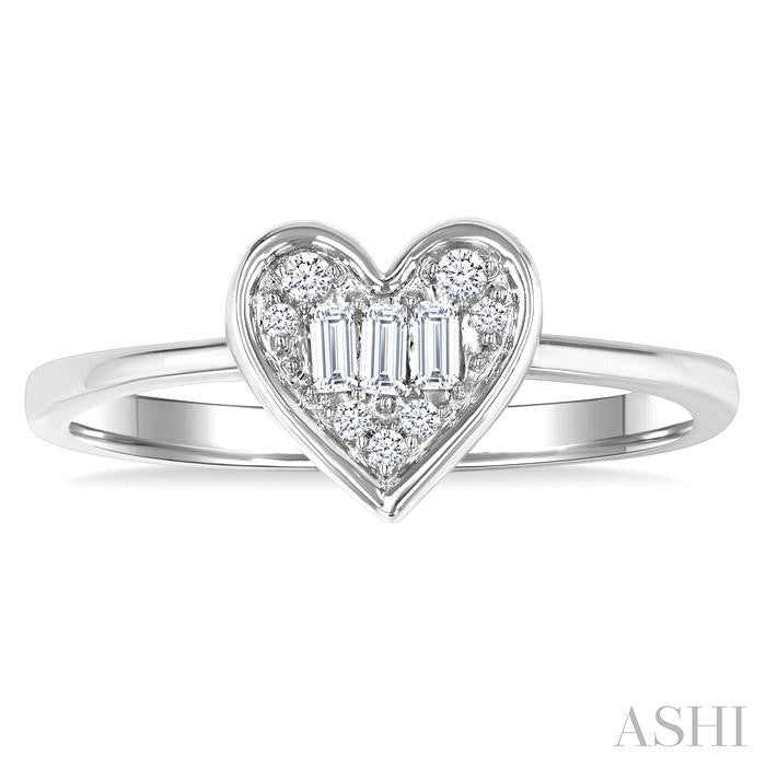 1/6 Ctw Petite Bezel Set Heart Shape Fusion Baguette and Round Cut Diamond Fashion Ring in 10K White Gold