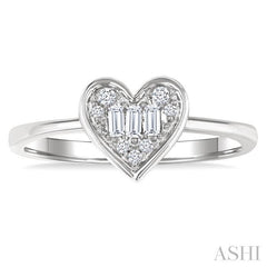 1/6 Ctw Petite Bezel Set Heart Shape Fusion Baguette and Round Cut Diamond Fashion Ring in 10K White Gold