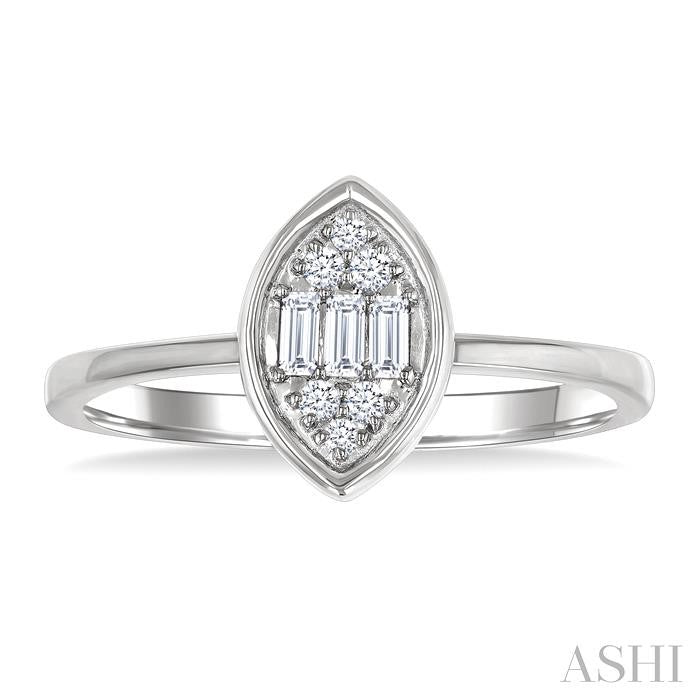 1/6 Ctw Petite Bezel Set Marquise Shape Fusion Baguette and Round Cut Diamond Fashion Ring in 10K White Gold