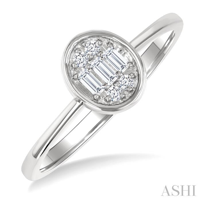1/6 Ctw Petite Bezel Set Oval Shape Fusion Baguette and Round Cut Diamond Fashion Ring in 10K White Gold