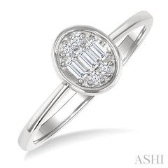 1/6 Ctw Petite Bezel Set Oval Shape Fusion Baguette and Round Cut Diamond Fashion Ring in 10K White Gold
