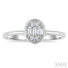 1/6 Ctw Petite Bezel Set Oval Shape Fusion Baguette and Round Cut Diamond Fashion Ring in 10K White Gold