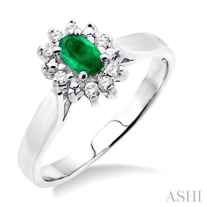 5x3mm Oval Cut Emerald and 1/10 Ctw Round Cut Diamond Ring in 14K White Gold