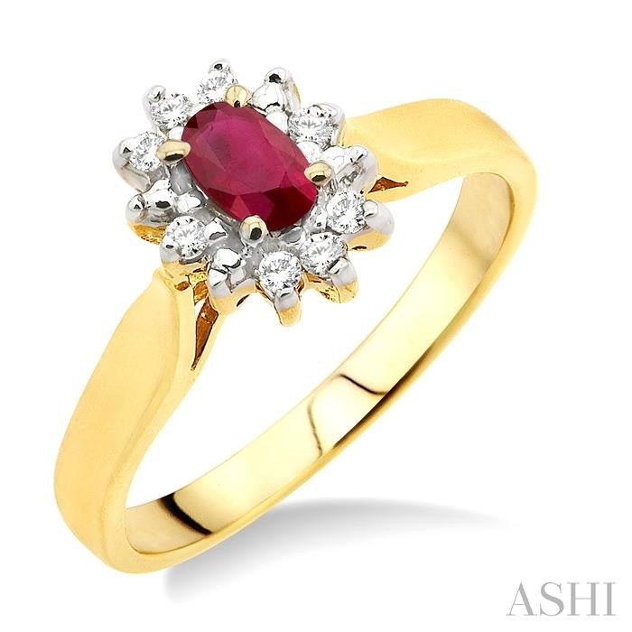 5x3mm Oval Cut Ruby and 1/10 Ctw Round Cut Diamond Ring in 14K Yellow Gold