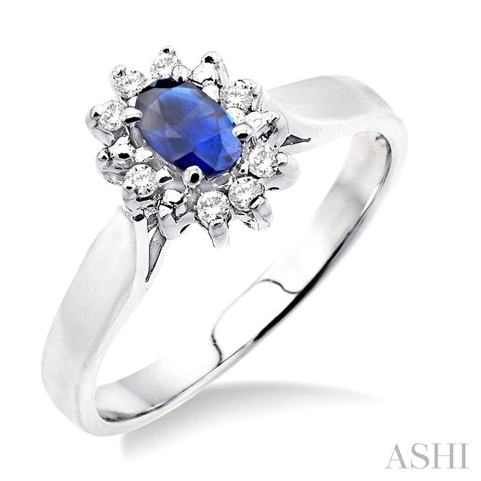 5x3mm Oval Cut Sapphire and 1/10 Ctw Round Cut Diamond Ring in 10K White Gold