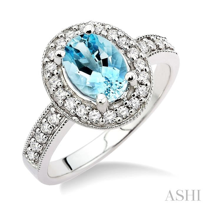 8x6mm Oval Cut Aquamarine and 1/3 Ctw Round Cut Diamond Ring in 14K White Gold