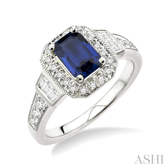 6x4 MM Emerald Shape Sapphire and 1/4 Ctw Round and Baguette Cut Diamond Ring in 14K White Gold