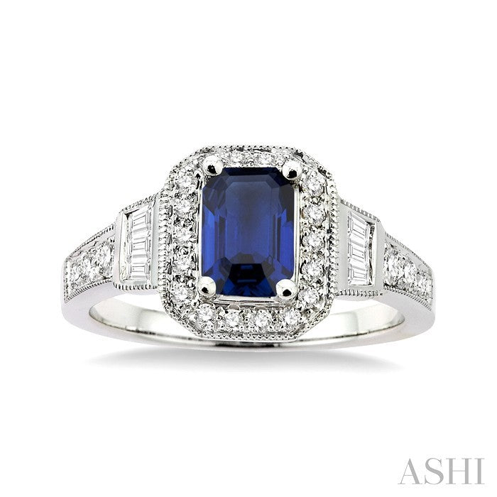 6x4 MM Emerald Shape Sapphire and 1/4 Ctw Round and Baguette Cut Diamond Ring in 14K White Gold