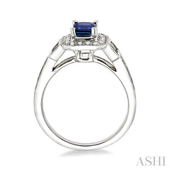 6x4 MM Emerald Shape Sapphire and 1/4 Ctw Round and Baguette Cut Diamond Ring in 14K White Gold