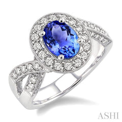 8x6 MM Oval Cut Tanzanite and 3/4 Ctw Round Cut Diamond Precious Ring in 14K White Gold