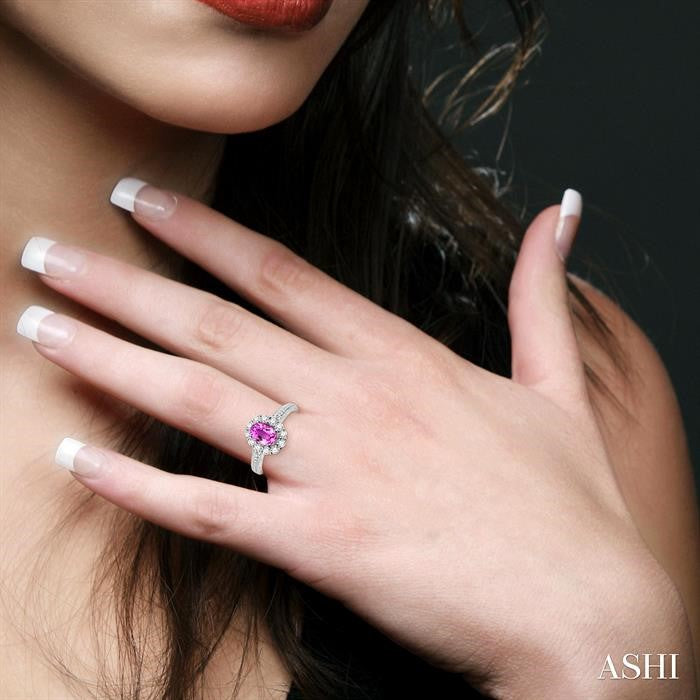 7x5 MM Oval Cut Pink Sapphire and 1/2 Ctw Round Cut Diamond Precious Ring in 14K White Gold