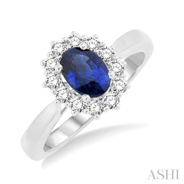 7x5 MM Oval Shape Sapphire and 1/3 Ctw Round Cut Diamond Precious Ring in 14K White Gold