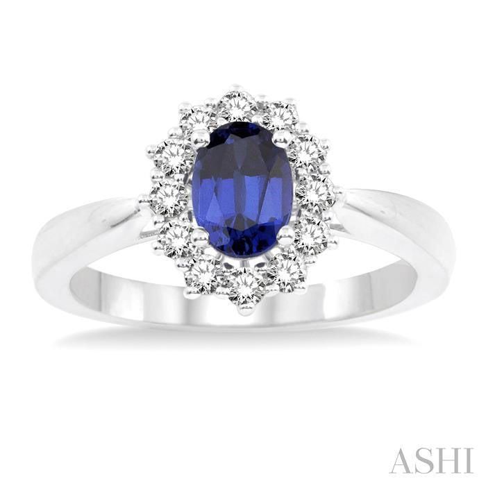 7x5 MM Oval Shape Sapphire and 1/3 Ctw Round Cut Diamond Precious Ring in 14K White Gold