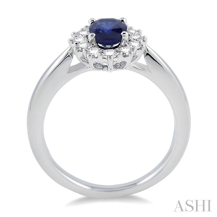 7x5 MM Oval Shape Sapphire and 1/3 Ctw Round Cut Diamond Precious Ring in 14K White Gold