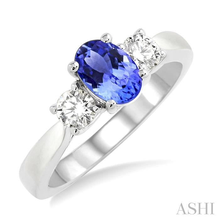7x5 MM Oval Shape Tanzanite and 1/2 Ctw Round Cut Diamond Precious Ring in 14K White Gold