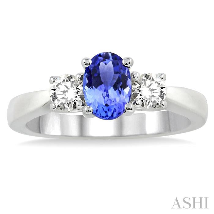 7x5 MM Oval Shape Tanzanite and 1/2 Ctw Round Cut Diamond Precious Ring in 14K White Gold